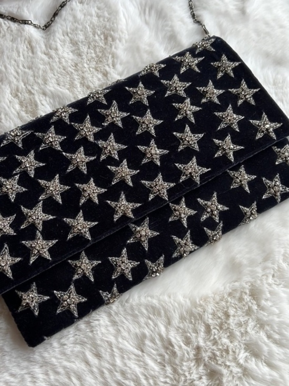 Navy velvet crossbody or envelope clutch with rhinestone stars - Picture 1 of 9
